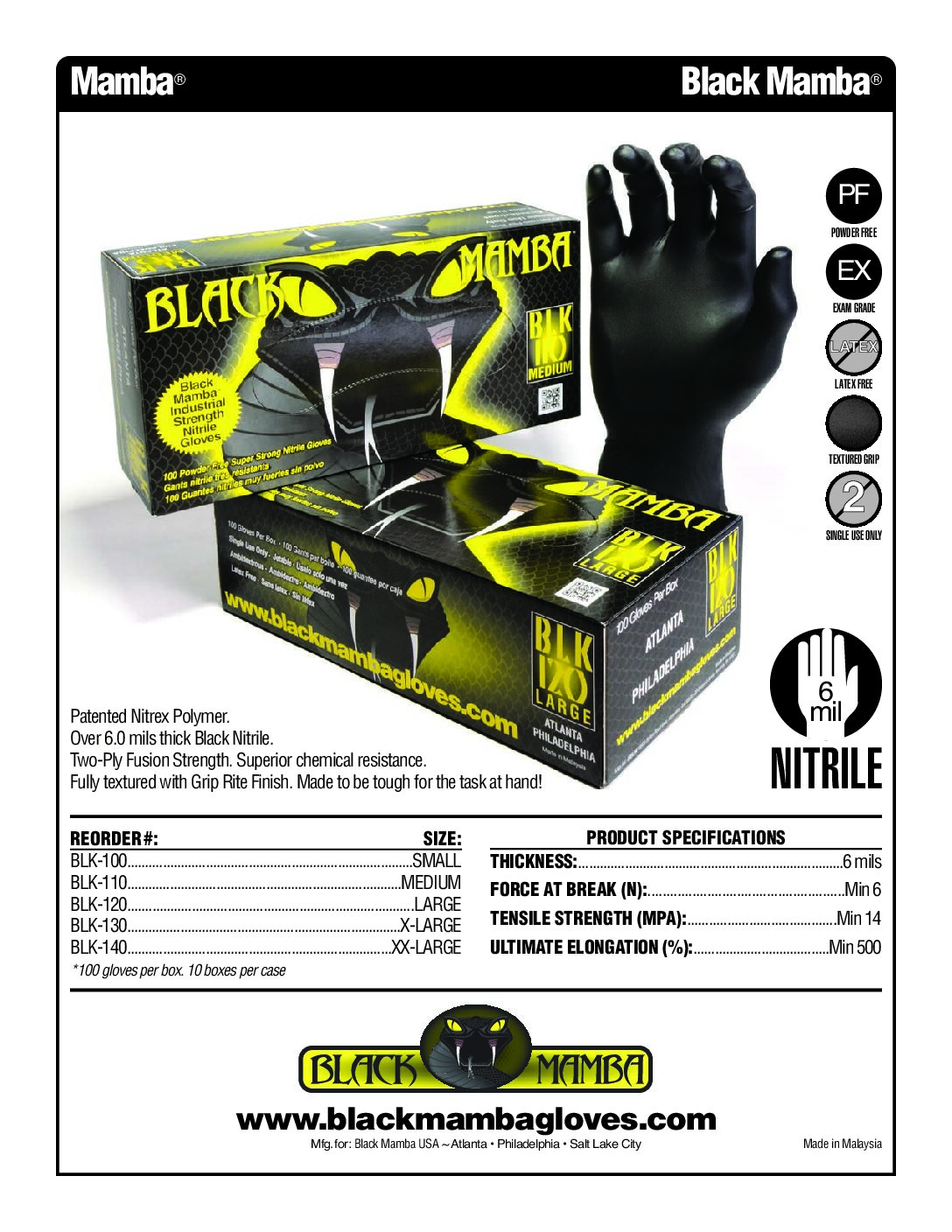 Alternative view of Black Mamba Black Powder Free Textured Nitrile Gloves