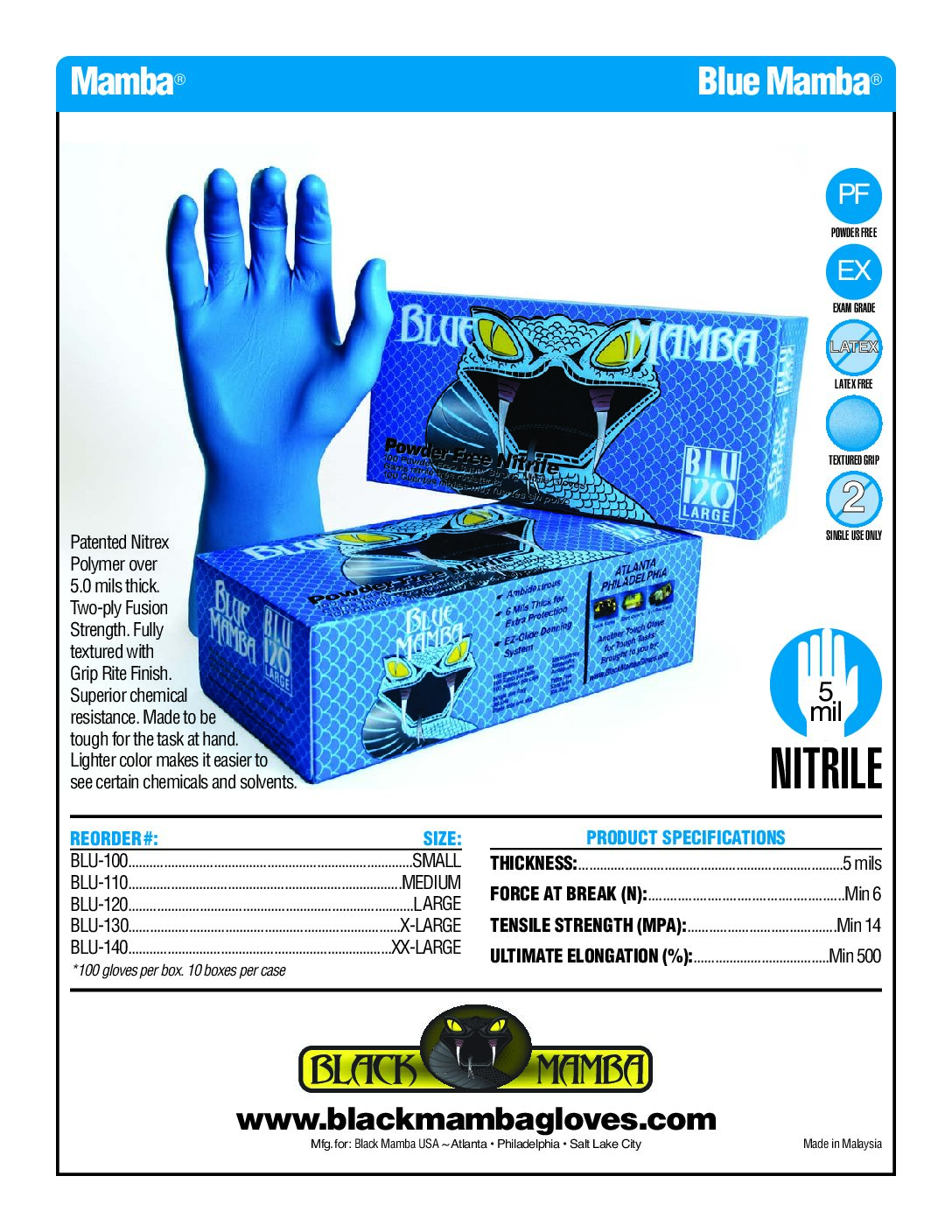 Alternative view of Blue Mamba Powder Free Gloves