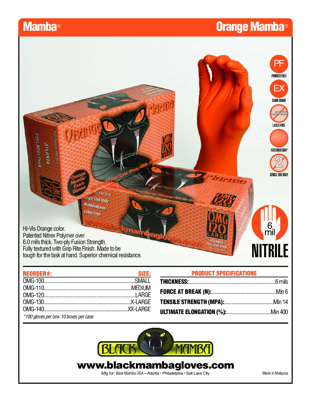 Alternative view of Orange Mamba Powder Free Gloves